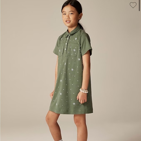 J crew Girls' flower-embellished shirtdress in twill midnight moss - Picture 1 of 5